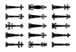 Decorative vintage arrow hinges. Accents for garage and barn doors, gates, trunks, barrels. Flat icon set. Vector illustration. Signs of retro hardware elements. Isolated objects