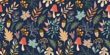 Autumn Decorative Seamless Pattern With Seasonal Elements, Acorns, Plants, Leaves, Mushrooms