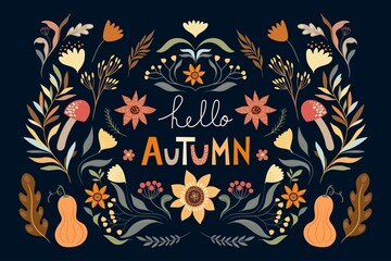 Wall Mural - Hello autumn floral composition, poster, banner with seasonal elements
