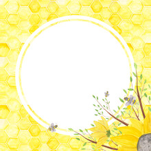 Honeycomb Frame With Watercolor Sunflowers, Tree Branches, And Honey Bees On A White Background. Empty Yellow Honeycomb Template. Cute Round Sunflowers Wreath For Wedding Invitation.