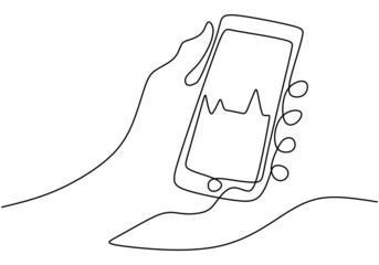 Continuous one line drawing of human hand holding a smartphone while touches the screen and checking the stock market isolated on white background. Investment and finance concept. Vector illustration