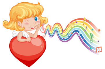 Sticker - Cupid girl holding heart with melody symbols on rainbow wave