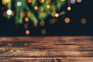Wall Mural - empty wooden table in front of christmas tree branches with garland
