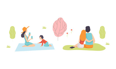 Wall Mural - People Character Enjoying Picnic in Nature Sitting on Blanket and Grass Vector Set