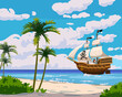 Tropical Island Pirate ship under sail in ocean, treasure tropical, palms. Sea landscape coast, beach, sand, adventure, game. Vector illustration