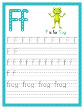 Trace Letter F Uppercase And Lowercase. Alphabet Tracing Practice Preschool Worksheet For Kids Learning English With Cute Cartoon Animal. Activity Page For Pre K, Kindergarten. Vector Illustration