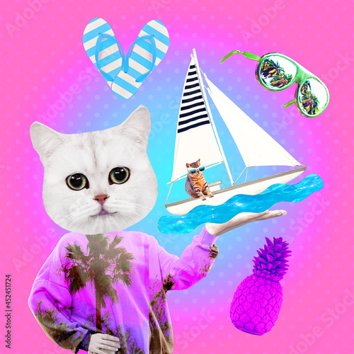 Stylish collage minimal. Funny Kitty and holiday beach vacation mood.  Ideal for Social networks, travel agencies promotion concept