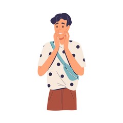 Poster - Surprised amazed man standing and looking at smth in astonishment and amazement. Excited happy person with astonished wow face expression. Flat vector illustration isolated on white background