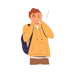Poster - Surprised amazed man with happy shocked face expression. Astonished excited person grabbing his head. Positive wow reaction to unexpected. Flat vector illustration isolated on white background