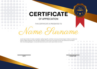 certificate design template with dark blue gold color and halftone shape