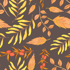  Watercolor seamless pattern with vintage leaves. Beautiful botanical print with colorful foliage for decorative design. Bright spring or summer background. Vintage wedding decor. Textile design.	