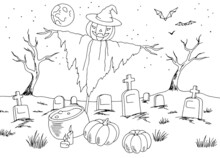 Halloween Landscape Graphic Black White Dead Tree Sketch Illustration Vector 