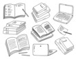 A set of stylized doodles on the subject of learning, reading, knowledge. Books, notebooks, textbooks, laptop, notes, pen and pencil. Hand-drawn vector illustration for icons, stickers and design. 