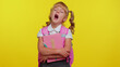 © Andrii Iemelianenko - Pretty tired blond teenage student girl dressed in school uniform yawning, sleepy inattentive feeling somnolent lazy bored gaping suffering from lack of sleep. Yellow studio background. Back to school