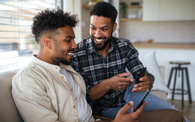 Wall Mural - Young student brothers in kitchen indoors at home, using smartphone.