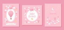 Set Of Pink Baby Shower Vector Invitation Cards. Templates For It's A Girl, Baby Shower, And Welcome Little One. 