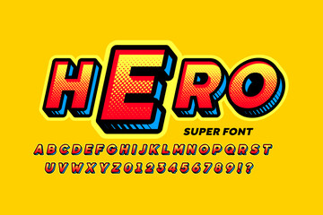 Poster - comics superhero style font, 3d alphabet letters and numbers vector illustration