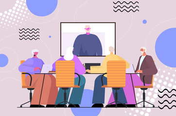 Poster - senior businesspeople having online conference meeting business people discussing with leader man du
