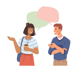 Aufkleber - People communicating and brainstorming, chats and speech bubbles, multi ethnic characters communication. Vector business man and woman talking, cup of coffee in girls hand, collaboration, dialog boxes