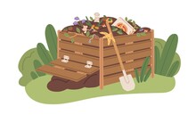 Compost Box Full Of Organic Bio Waste. Pile Of Natural Fertilizer For Agriculture. Decomposition And Composting Of Biodegradable Garbage. Flat Vector Illustration Of Humus Isolated On White Background