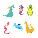 Fototapeta Dinusie - A set of cute dragons. Characters for children's design. Vector illustration