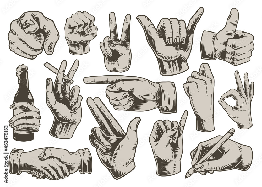 Collection of illustrated hand signs Stock Illustration | Adobe Stock