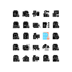 Poster - Sensitive information types black glyph icons set on white space. Cybersecurity measure. Security technique. Unauthorized disclosure prevention. Silhouette symbols. Vector isolated illustration