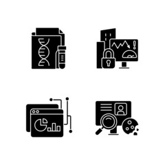 Sticker - Sensitive data types black glyph icons set on white space. Genetic information. Company risk scoring. Data intelligence platform. HTTP cookie. Silhouette symbols. Vector isolated illustration