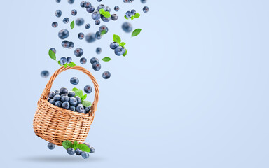 Wall Mural - Fresh raw blueberries falling in the air isolated on the yellow background. Food levitation concept. Blueberries in a basket on a blue background.