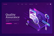 © klyaksun - Quality assurance isometric landing page. Tiny characters fixing bugs on huge pc. Qa software development for digital device. Process of optimization, debugging program or code, 3d vector web banner