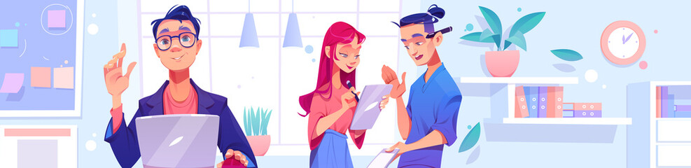 Poster - People work in office. Concept of teamwork, modern workspace, creative staff. Vector cartoon illustration of team job with man with laptop and employees talk together