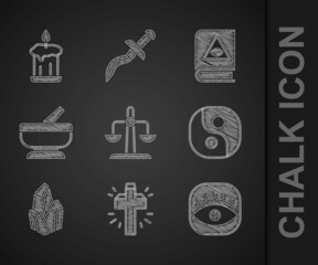 Wall Mural - Set Libra zodiac, Christian cross, Masons, Yin Yang, Magic stone, Mortar and pestle, Ancient magic book and Burning candle icon. Vector