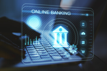 Aufkleber - Close up of backlit hands using laptop at desktop with abstract glowing interface on blurry background. Online banking, internet, finance and technology concept. Double exposure.