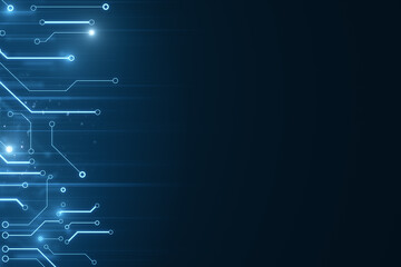 Poster - Creative glowing digital circuit backdrop with blue mock up place for your advertisement. Technology and innovation concept. 3D Rendering.