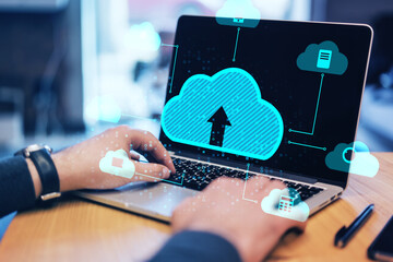 Poster - Close up of male hands using laptop at desktop with abstract digital cloud on blurry background. Cloud computing, database and technology concept.