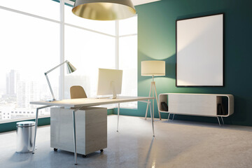Aufkleber - Modern green designer office interior with empty poster, window and city view, desk, equipment and furniture. 3D Rendering.