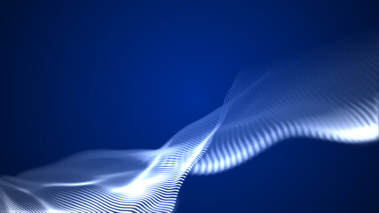 Fototapete - Blue dynamic particles wave. Embossed mesh representing internet connections, cloud computing and neural networks. Data flow. Technology background. 3d rendering.