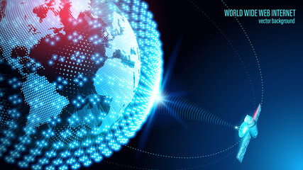 Poster - Planet Earth. Vector. A satellite in orbit transmits a signal to the surface of our planet. Space Internet. World Wide Web. A satellite in orbit transmits a signal to the surface of our planet.