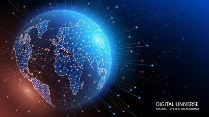 Poster - Map of the planet. World map. Global social network. Vector. Future. Blue futuristic background with planet Earth. Global World Wide Web internet. Floating blue plexus geometric background.