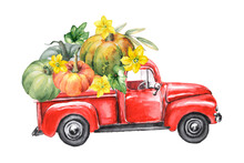 Watercolor Red Harvest Truck With Pumpkins, Isolated On White. Hand Painted Vintage Pickup. Fall Illustration For Thanksgiving Card, Halloween, Autumn Design.
