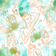 Line art. Beauty body. Seamless pattern with beautiful girls on a watercolor background . Vector
