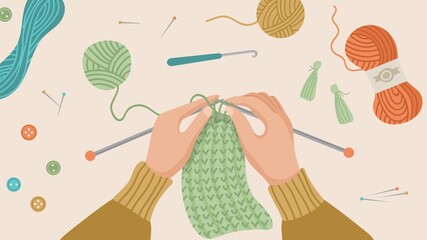 Poster - hand knitted. hands knitting, knit cloth from wool thread. autumn or winter time, hygge concept. han