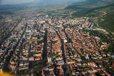 Fototapeta Miasta - ROMANIA Bistrita Panoramic aerial view,The Evangelical Church, august 2020