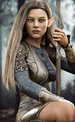 Portrait of a posing blue eyed fantasy female Ranger elf pathfinder with long brown hair wearing ornate leather armor and equipped with a elven spear. 3d rendering with a mythical forest background