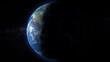 A view of the big blue marble Earth as seen from high orbit in space. Day/night terminator over the western hemisphere.	