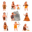 Stone age people. Ancient cute men and women cook, sew clothes from skins, hunt, produce fire in primitive way, caveman family tribe. Prehistoric time characters, vector isolated set