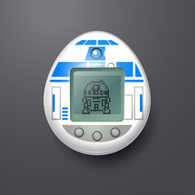 Retro Tamagotchi Toy In White Collor With Pixel Animal On A Pixelated Lcd.