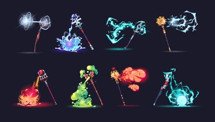 Magic stuff with effects. Cartoon wizard weapon with different colorful fire or explosions. Game arms collection. Isolated scepters with magical battle spells. Vector sorcerer sticks set