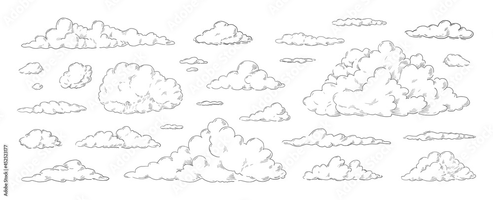 Clouds sketch. Vintage hand drawn sky background with large and small detailed cloudy shapes. Retro pencil drawing. Isolated monochrome cloudscape elements set. Vector engraving heaven - obrazy, fototapety, plakaty 