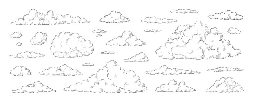 Wall Mural - Clouds sketch. Vintage hand drawn sky background with large and small detailed cloudy shapes. Retro pencil drawing. Isolated monochrome cloudscape elements set. Vector engraving heaven